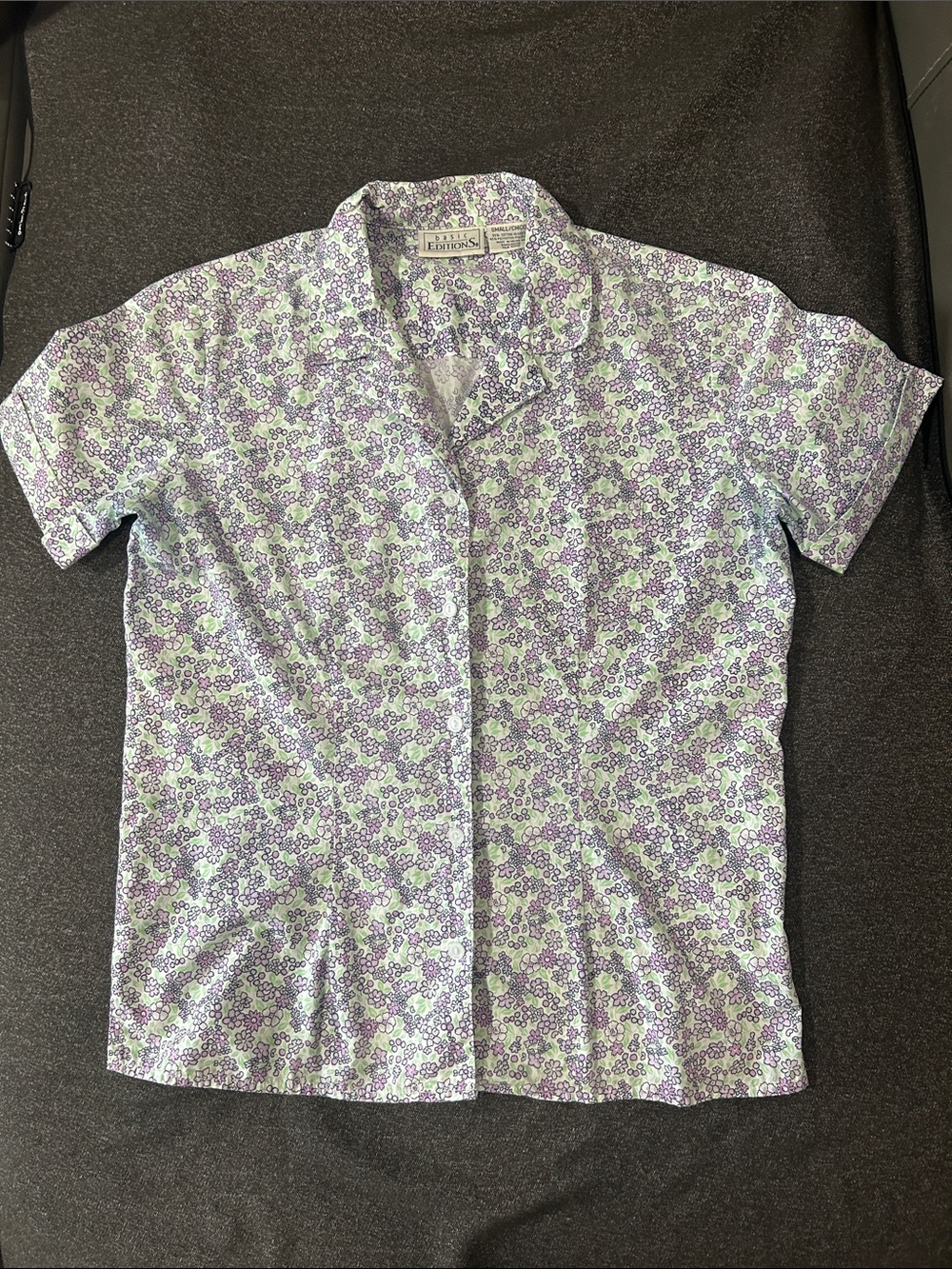 Basic Editions Vintage Purple Floral Short-Sleeve Button-Up Shirt Sz S